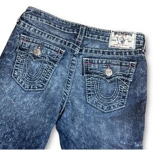 True Religion World Tour Skinny Jeans Blue Acid Wash Wide Stitch Y2K Girls Sz 14